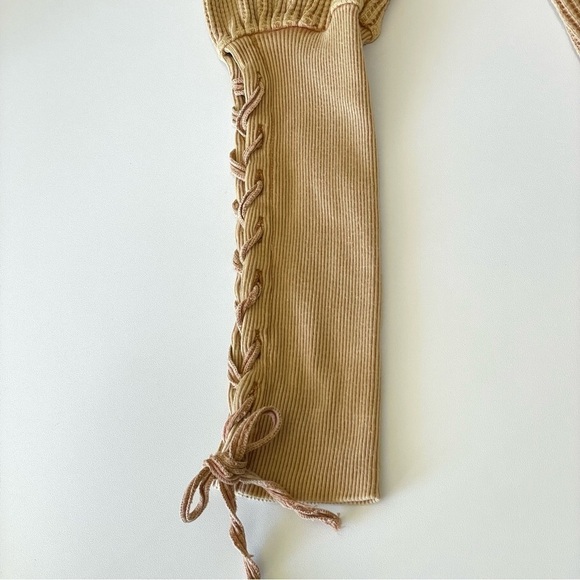 Free People One Tasha Thermal Waffle Knit Lace Up Puff Sleeve Top Dark Yellow XS - Picture 14 of 15